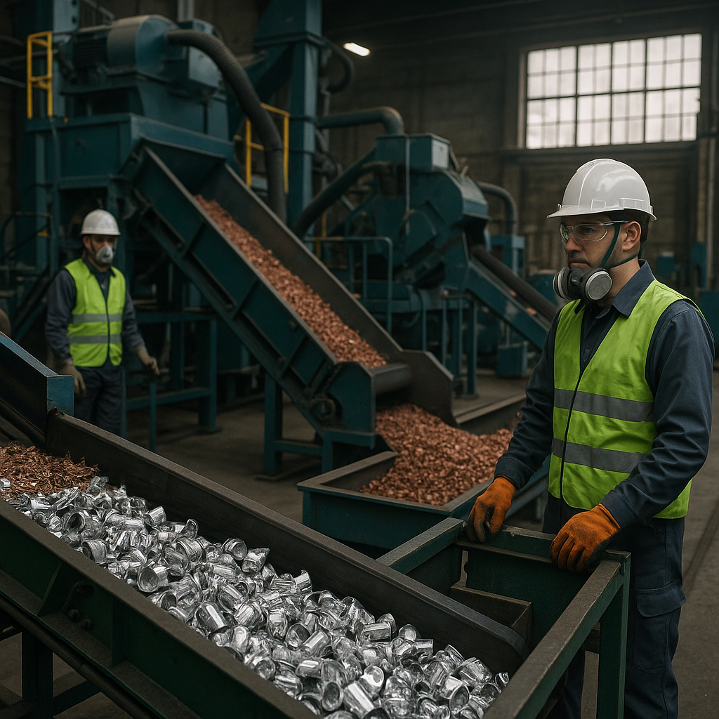 Specialized recycling machines processing non-ferrous metals with conveyors sorting shiny metal pieces in a modern plant.