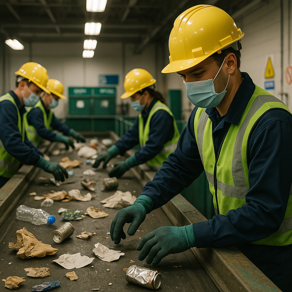 Workers sorting plastic, metal, and paper items on a conveyor belt inside a recycling plant under bright industrial lighting.