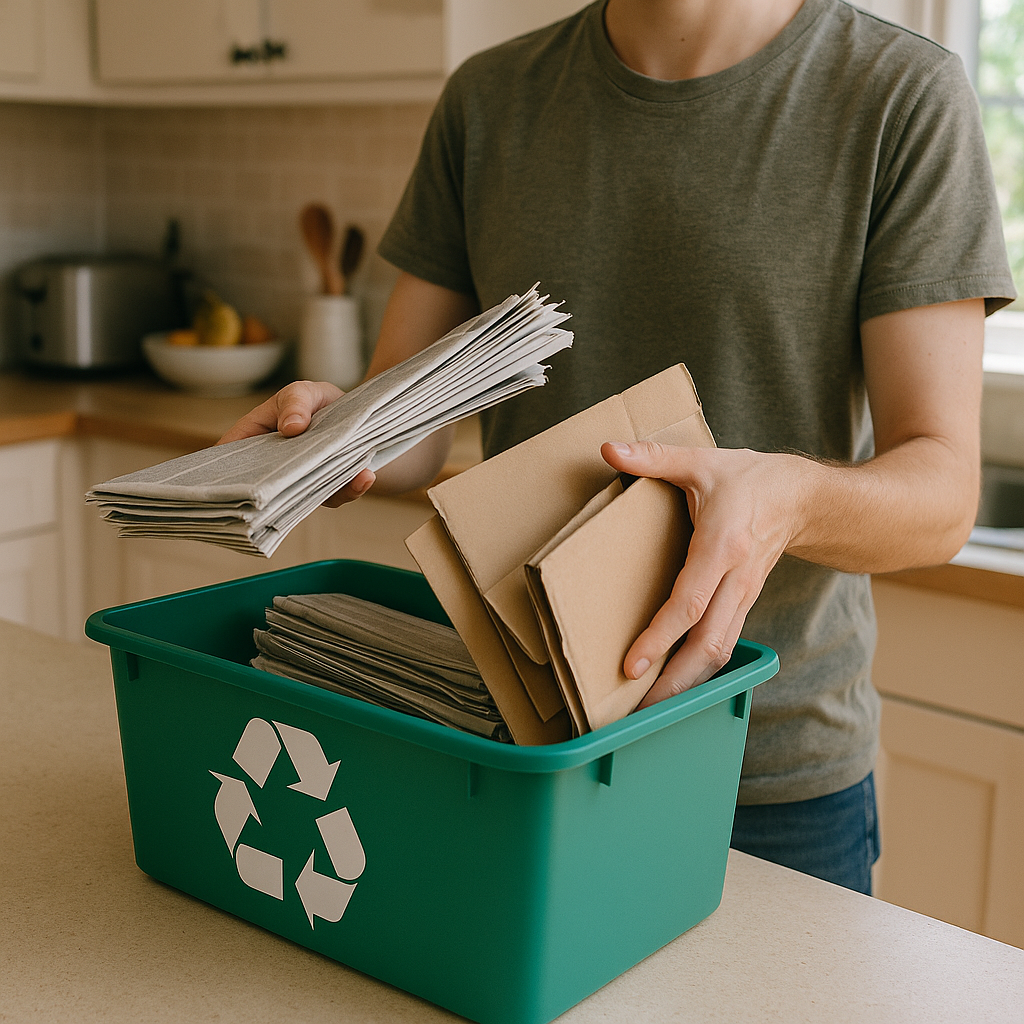 Sorting Recycling at Home Person sorting newspapers and cardboard boxes into recycling bin at home kitchen counter under bright natural light.