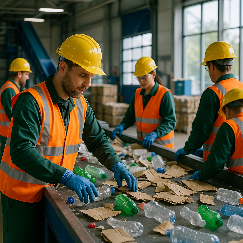 Workers sorting recyclable materials such as bottles and cardboard on conveyor belts at a modern recycling facility.