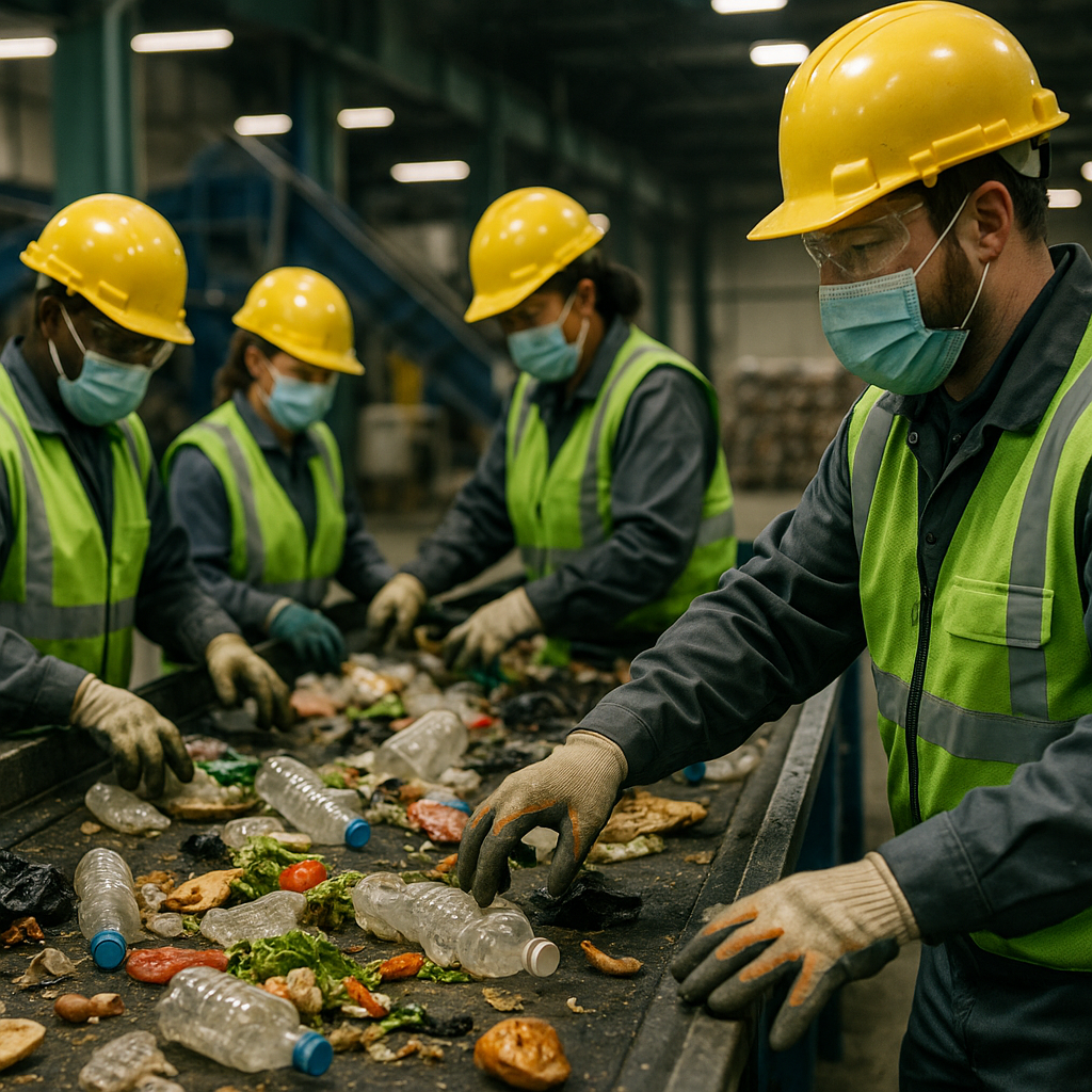 Sorting Contaminated Recyclables at a Recycling Center Workers at a recycling center sorting through contaminated recyclables on a conveyor belt, including plastic bottles mixed with food waste and non-recyclable items.