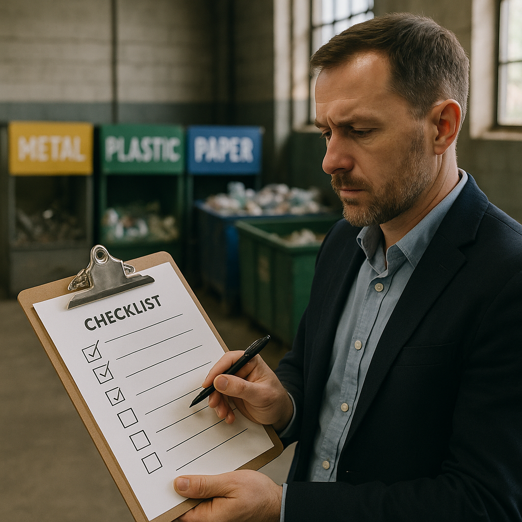 Close-up of a checklist on a clipboard held by a manager in a recycling facility, with bins for metal, plastic, and paper visible in an organized industrial setting.