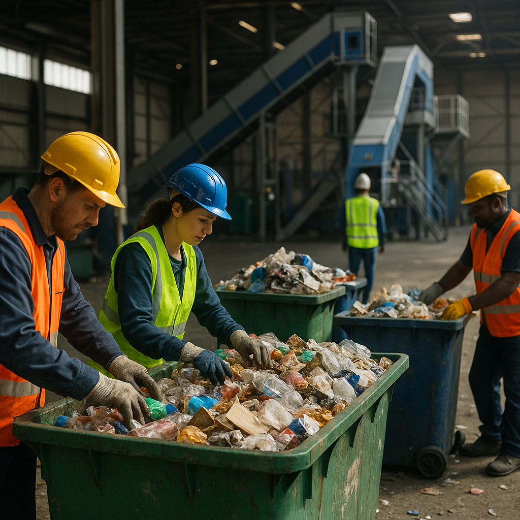 Recycling facility with overflowing bins and workers sorting mixed waste, featuring futuristic recycling machines in the background.