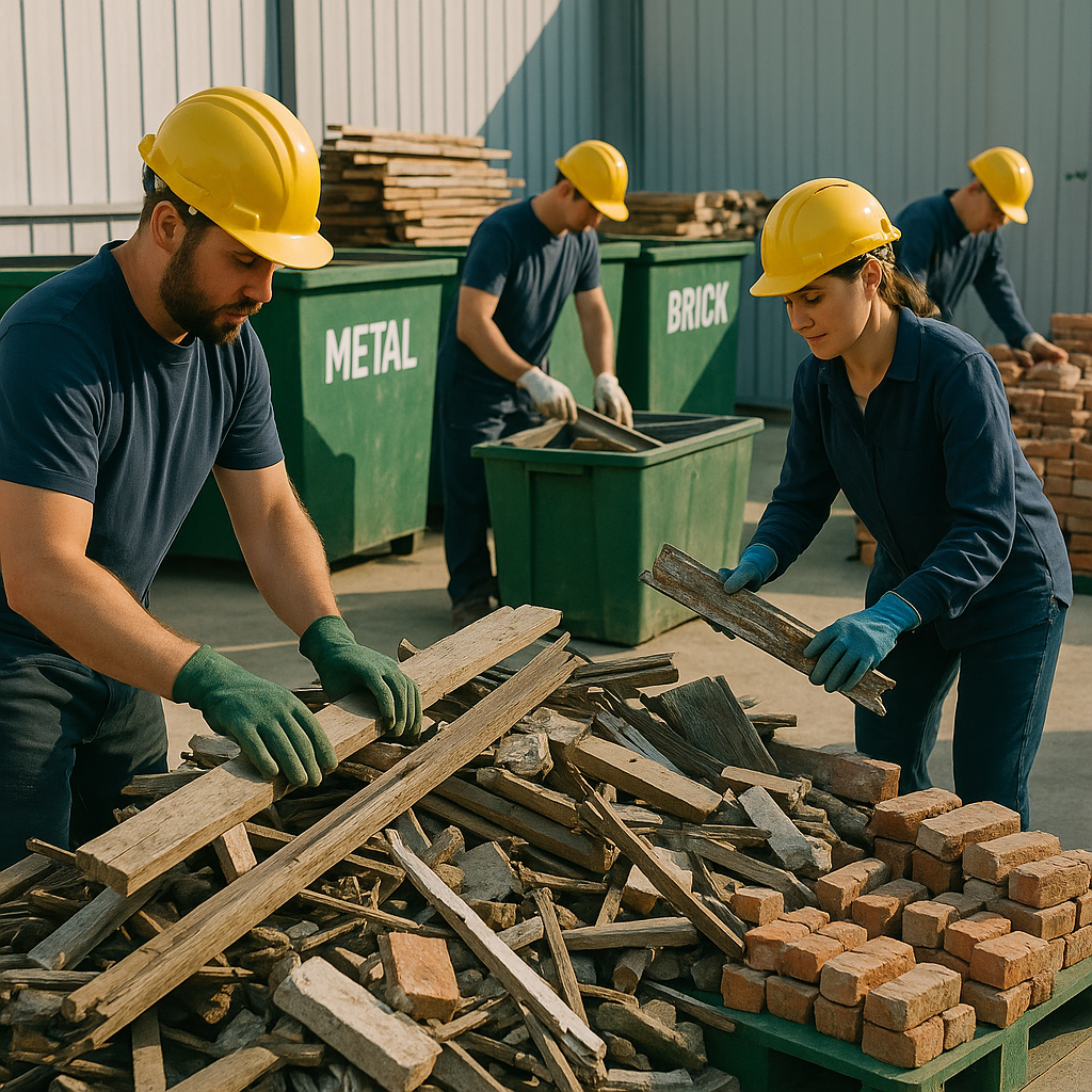 Workers sorting leftover building materials like wood, metal, and bricks at a recycling facility in a clean and organized setting.