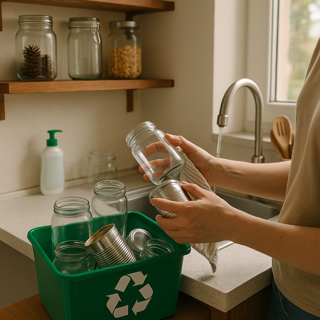 Recycling Jars and Cans Glass jars and metal cans being cleaned and placed in a recycling bin, with some converted into decorative storage on a wooden shelf.