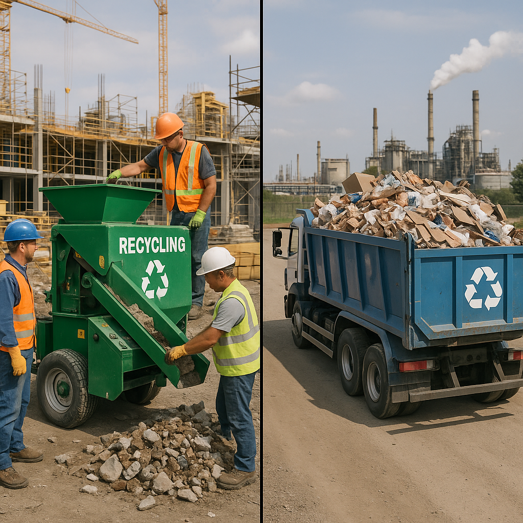 Recycling Setups Side-by-Side Comparison A side-by-side comparison of two recycling setups: one with workers operating recycling machines at a construction site and the other with a truck transporting recyclable materials to an industrial facility, both in daylight.