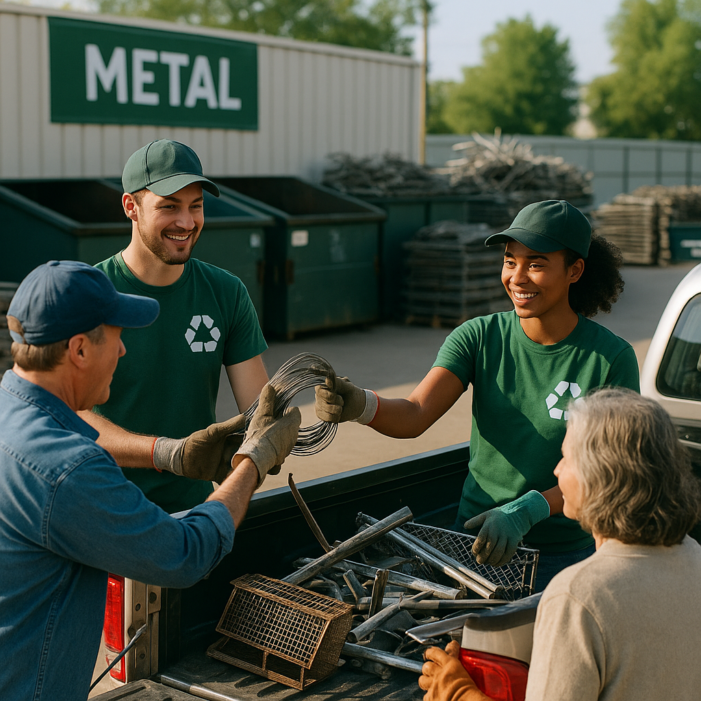 Recycling Staff Assisting Customers Friendly recycling staff assisting customers unloading metal scrap from a pickup truck at a clean recycling center.