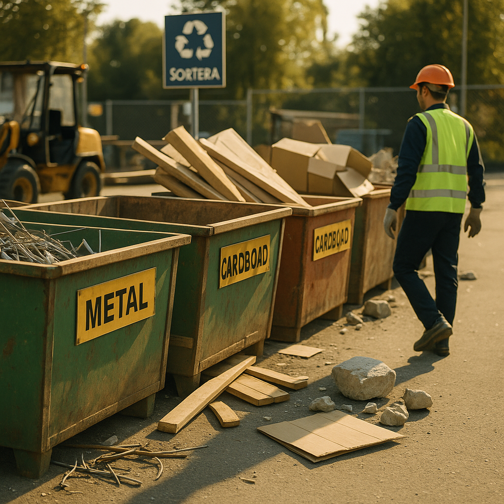 Recycling Station with Various Materials Various recyclable materials like metal scraps, wooden planks, cardboard, and concrete being sorted into outdoor containers at a recycling station.