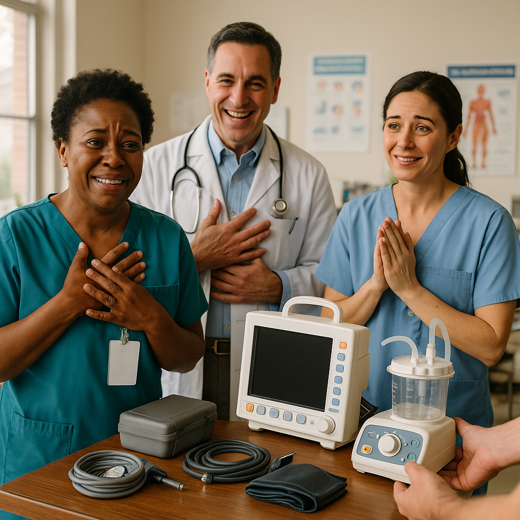 Medical devices being refurbished and handed to grateful healthcare workers in a clinic, reflecting a hopeful atmosphere under bright lighting.