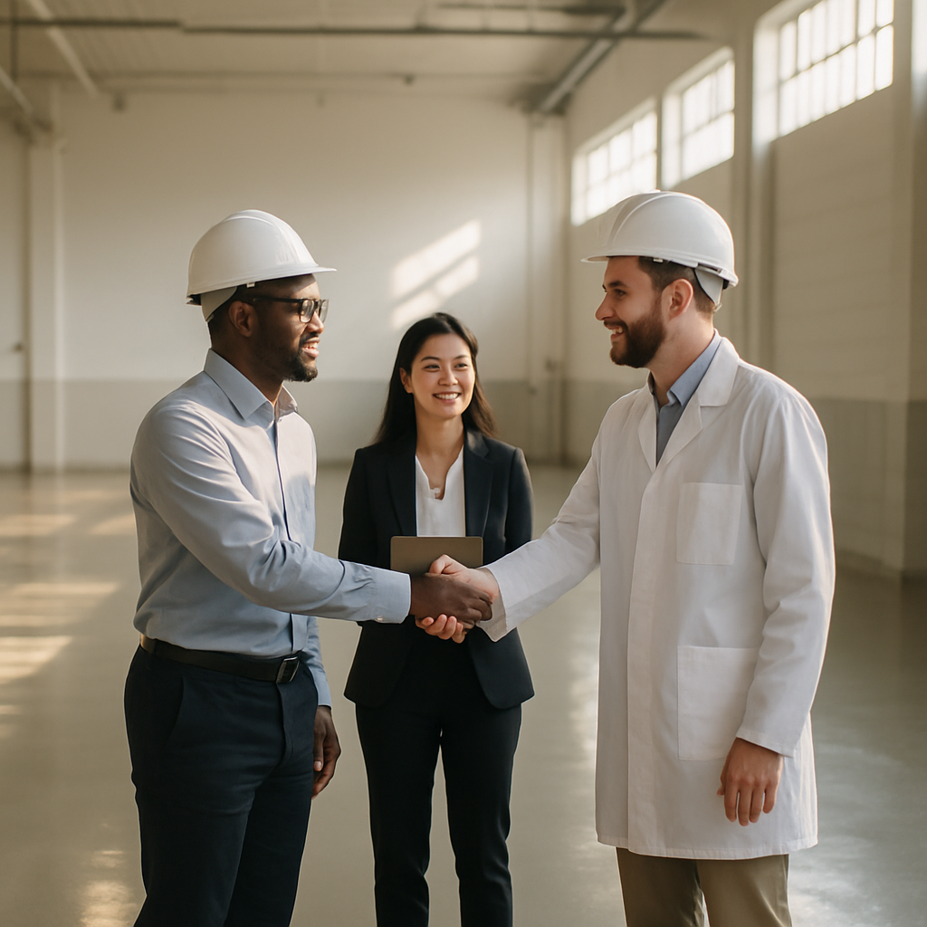 Relieved project team shaking hands in an empty, cleaned food processing plant with equipment removed and a bright atmosphere.