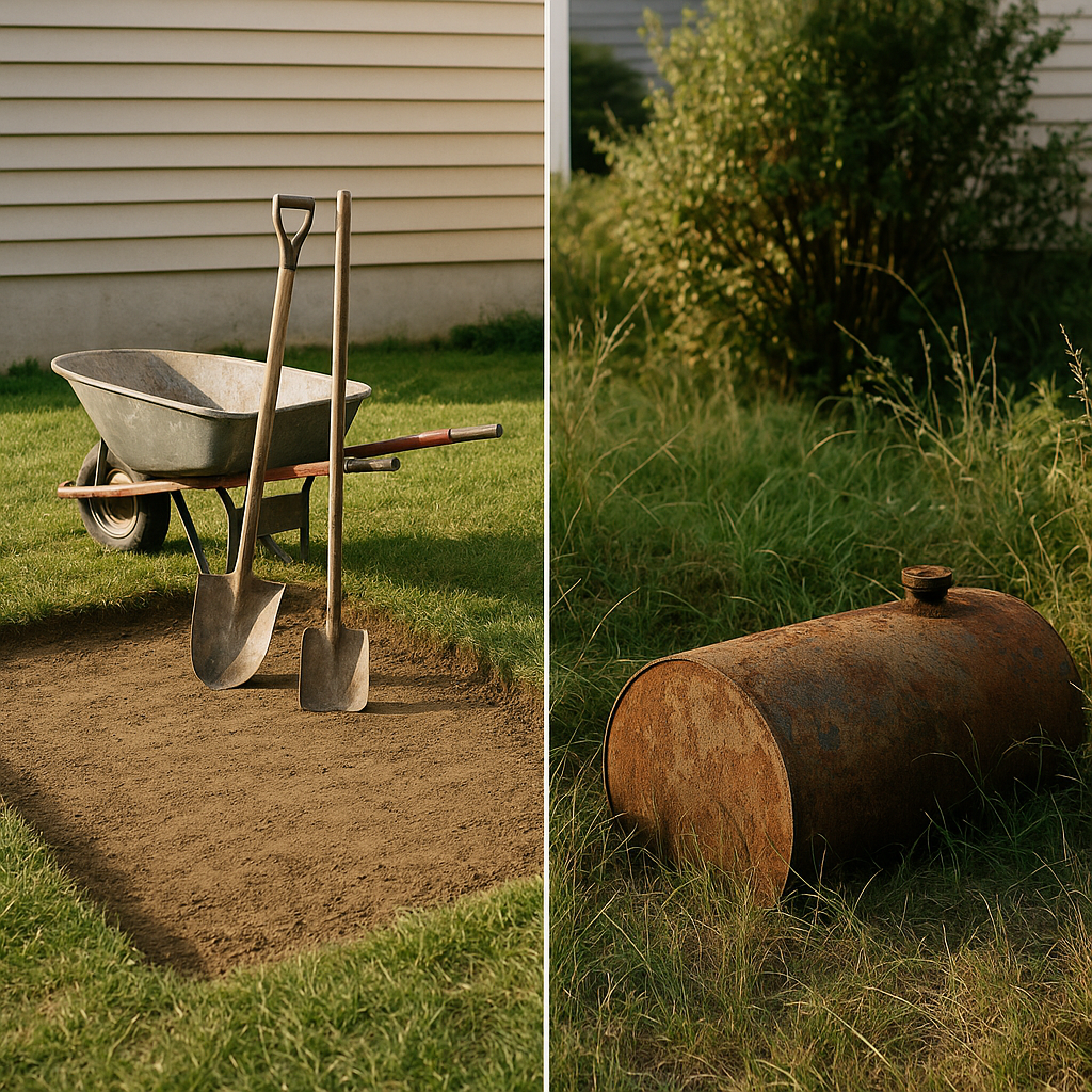 Split image showing a removed oil tank with clean soil on one side and an old tank left underground in an overgrown yard on the other, highlighting the contrast between well-maintained and neglected areas.