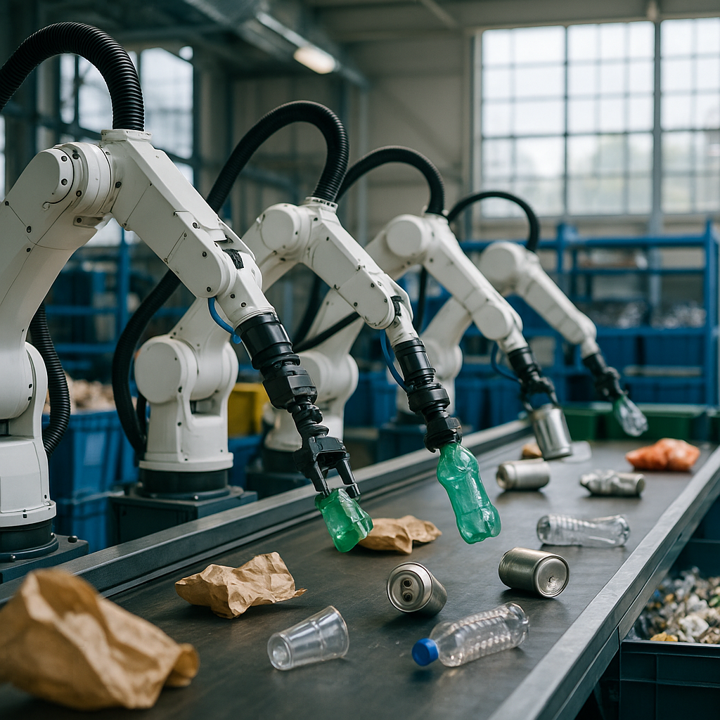 Automated Robotic Arms in Recycling Facility Automated robotic arms sorting recyclable materials in a high-tech recycling facility.