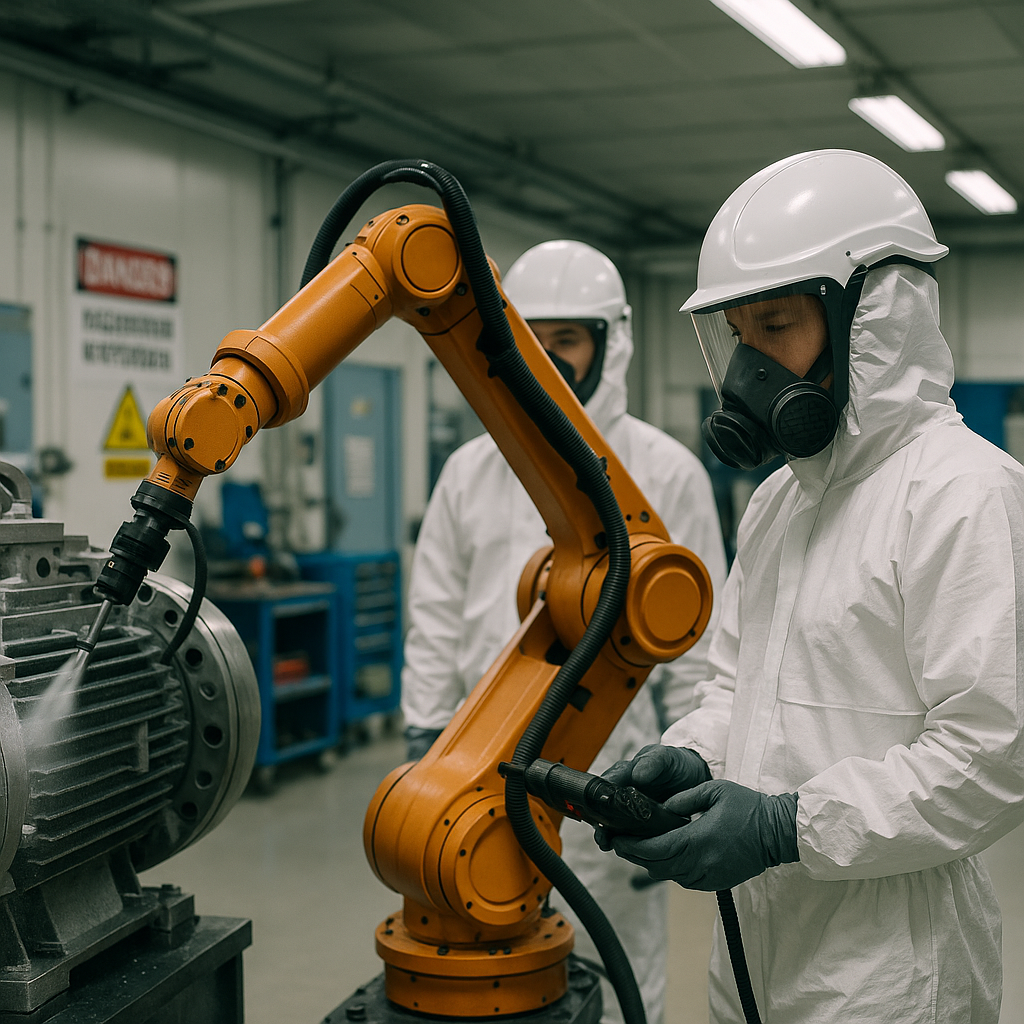 Technicians using advanced robotic equipment to decontaminate machinery in a high-tech power plant facility, with visible safety signs and bright lighting.