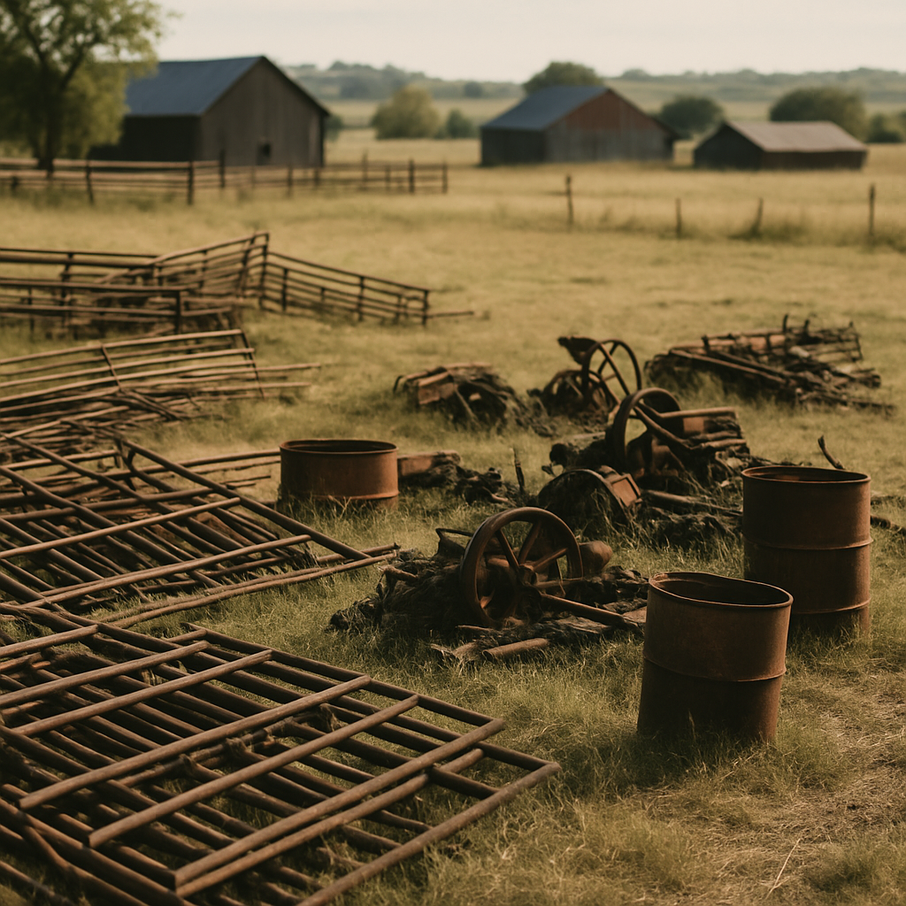 Ranch landscape featuring old metal fencing, rusted machinery parts, and discarded barrels, with fields and barns in the background.
