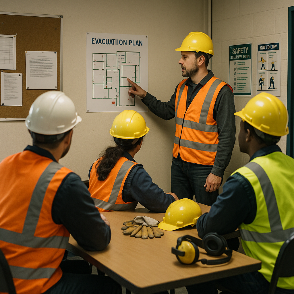 Team of workers wearing high-visibility vests and helmets attending a safety briefing with an instructor pointing to an evacuation plan on the wall in an industrial break room.