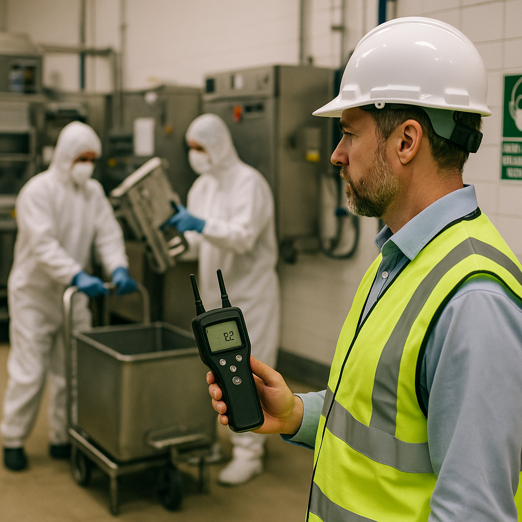 Safety inspector wearing a high-visibility vest testing air quality with a device while workers in protective gear dispose of equipment in a clean food plant setting.