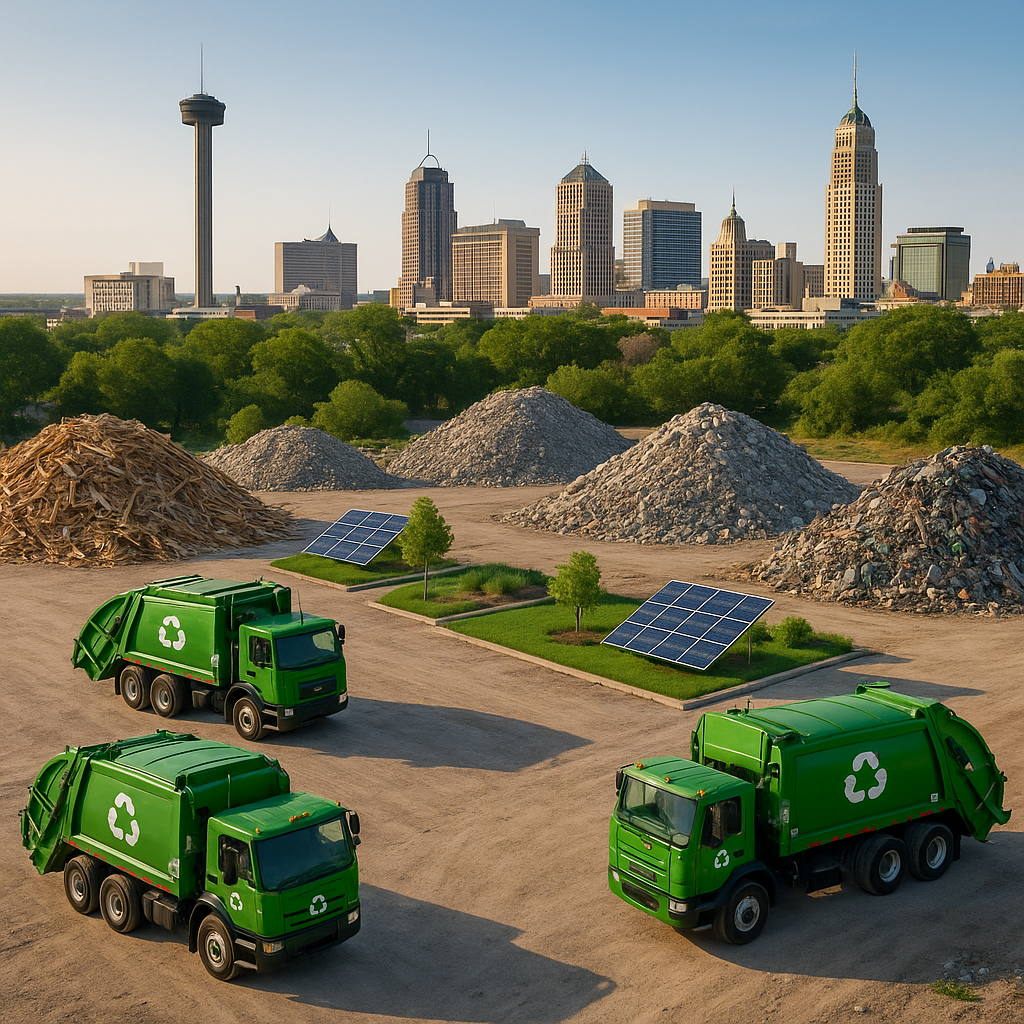 Aerial view of San Antonio skyline featuring recycling trucks and sorted construction debris piles, highlighting green initiatives.