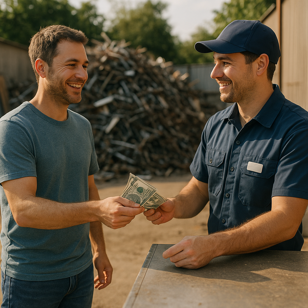 Customer Cash Payment at Recycling Center Satisfied customer receiving cash payment from recycling center employee with a pile of organized scrap metal in the background.