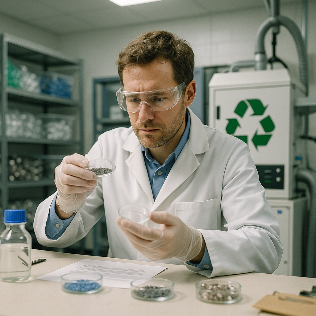 Scientist in Modern Lab with Recycling Technology Scientist examining samples in a modern lab with advanced recycling technology in the background and shelves filled with sorted recycled plastics and metals.