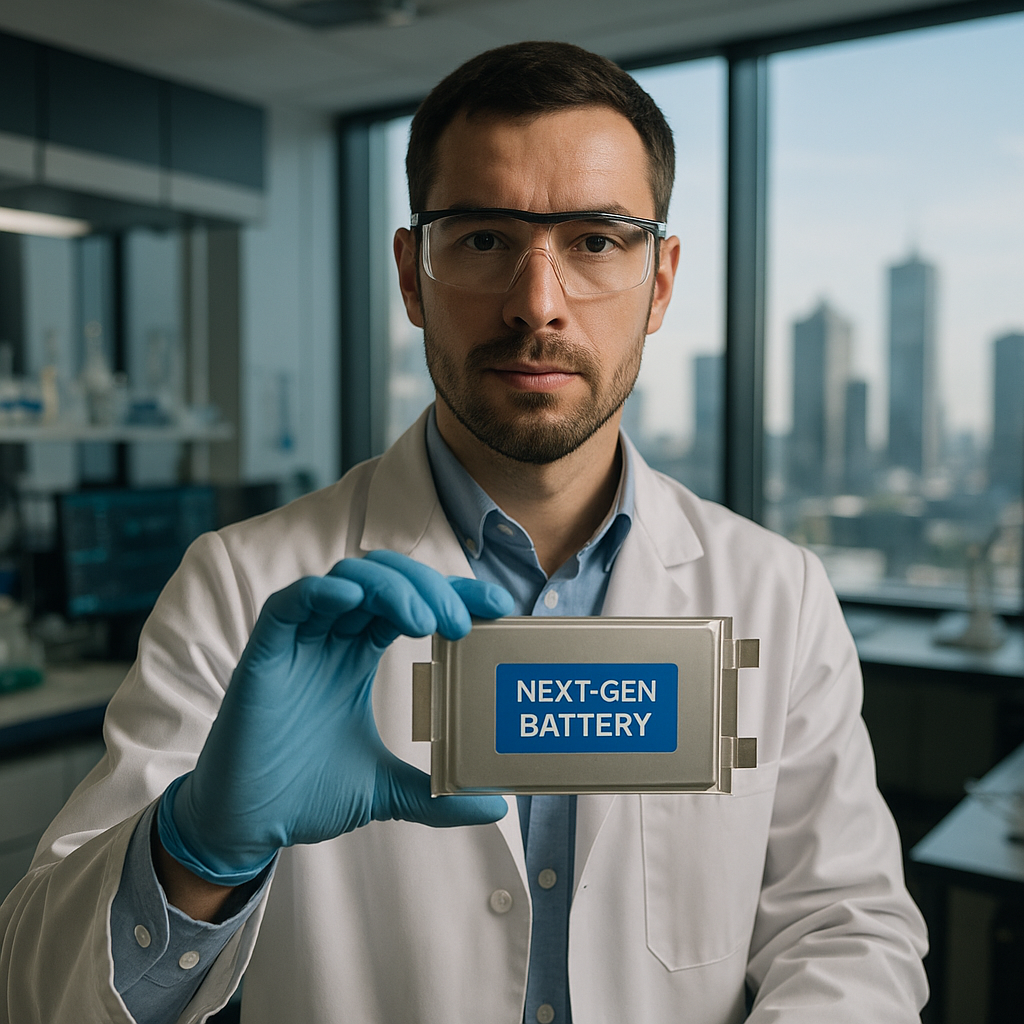 Scientist with Next-Gen Battery in Laboratory Scientist holding a next-generation battery in a high-tech laboratory with a city skyline in the background, showcasing futuristic and optimistic lighting.