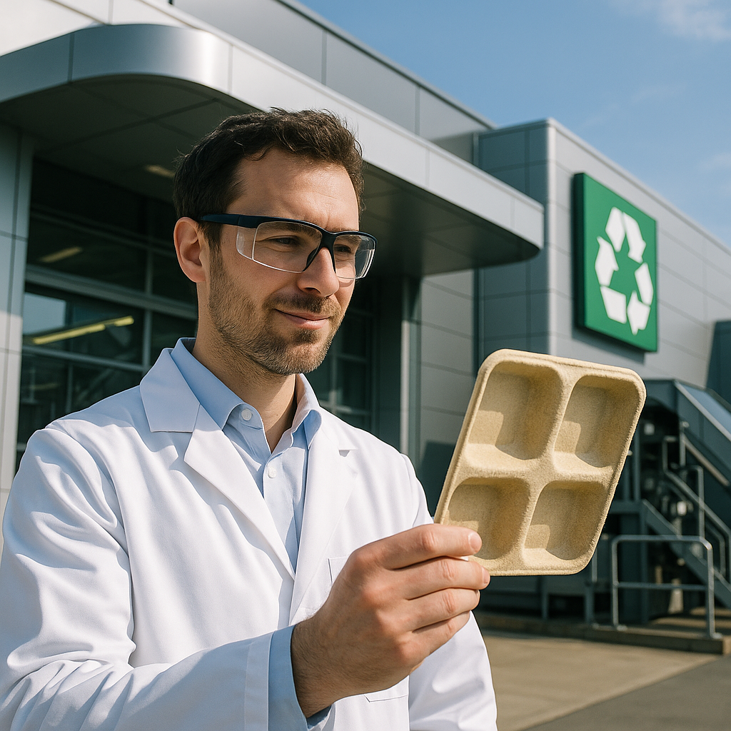 Innovative Biodegradable Packaging and Recycling Facility Scientist holding innovative biodegradable packaging beside a futuristic recycling facility against a blue sky background.