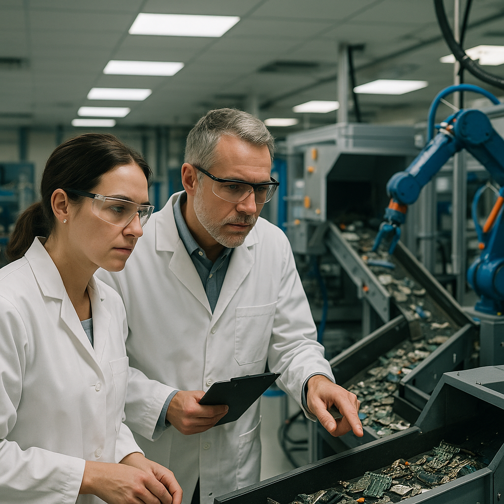 Scientists in a high-tech lab examining advanced recycling machinery with futuristic equipment processing electronic waste in the background.