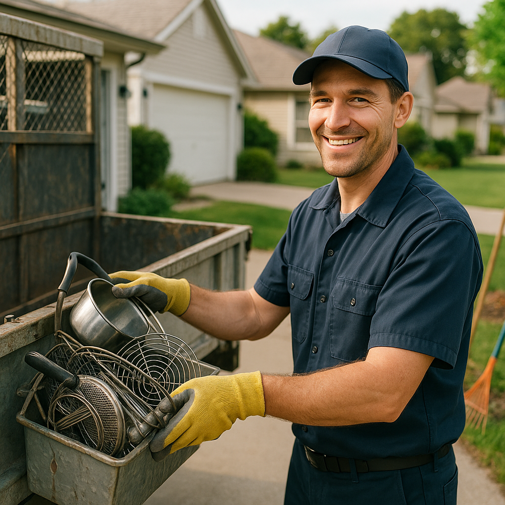 Scrap Metal Collection Truck in Suburban Driveway Worker in uniform loading mixed metal items into a scrap metal collection truck parked in a suburban driveway with a residential background.