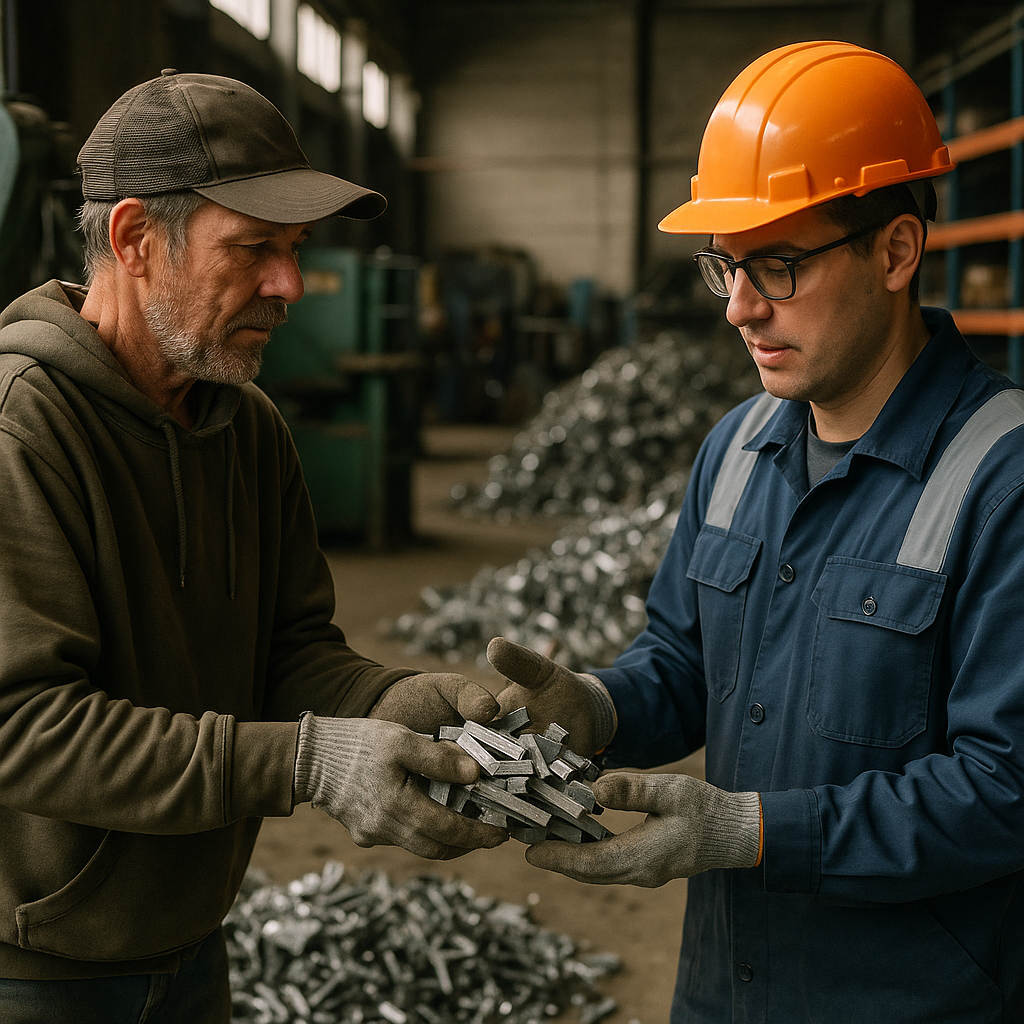 Scrap metal collector handing sorted metal to a worker at a recycling facility with machines and metal piles nearby.