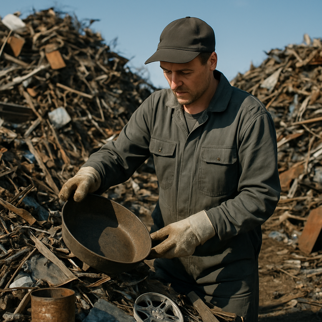 Scrap metal collector sorting recyclable metal at a scrapyard with piles of discarded metal and a blue sky in the background.