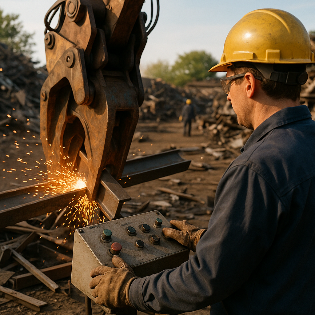 Worker operating a powerful scrap metal shear cutting through thick steel beams in a scrapyard, with sparks flying from freshly cut metal.