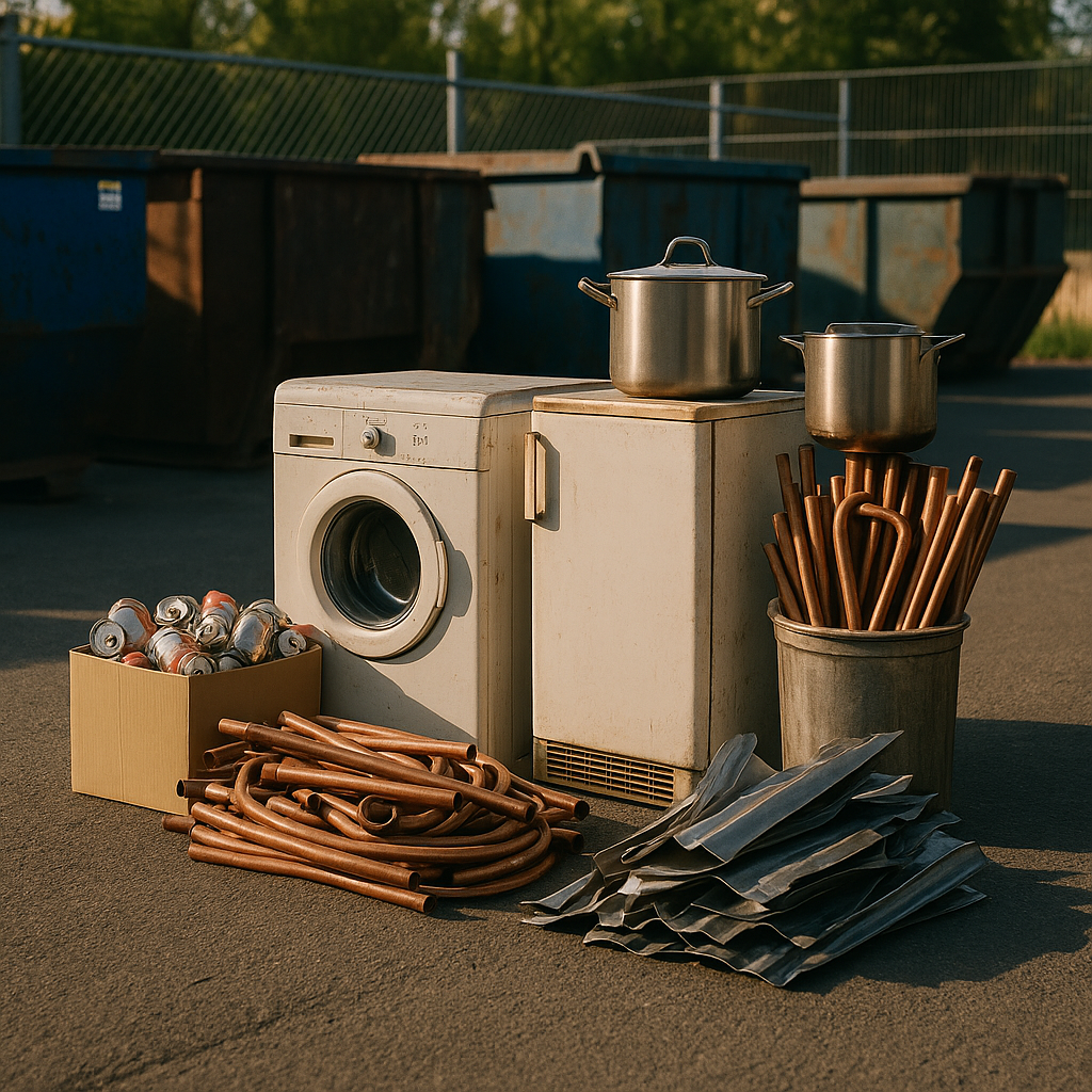 Variety of Scrap Metal Items Variety of scrap metal items including old appliances, copper pipes, and aluminum cans arranged on pavement