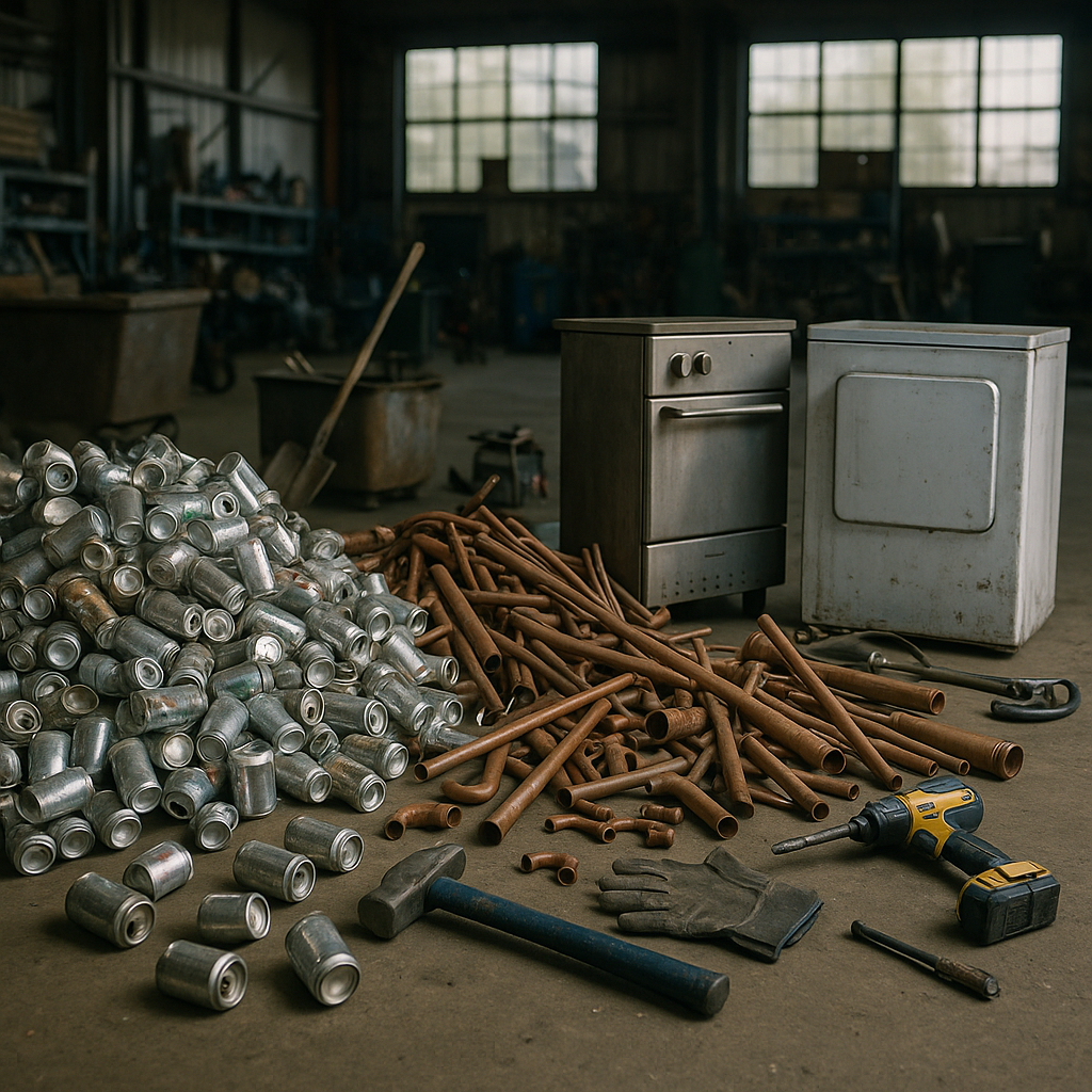 Assorted Scrap Metal in Warehouse Assorted scrap metal items like aluminum cans, copper pipes, and steel appliances sorted on a warehouse floor in bright daylight.