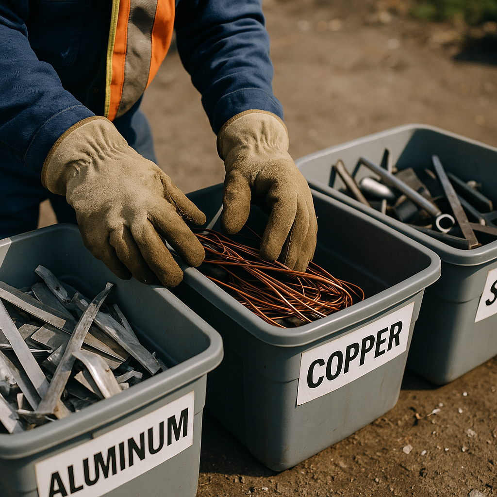 Scrap yard worker sorting aluminum, copper, and steel into labeled bins, wearing gloves.
