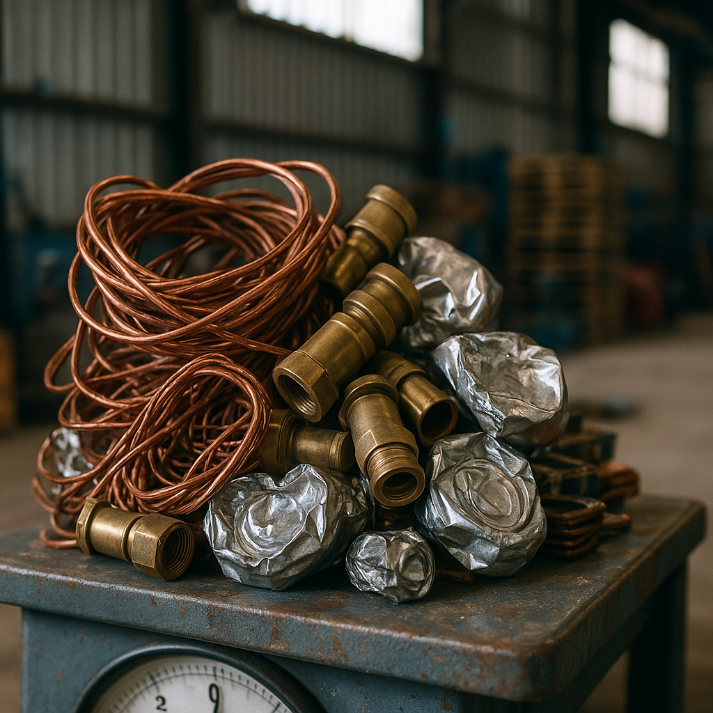 Close-up of various scrap metal pieces including copper wire, brass fittings, and aluminum cans on a scale in an industrial warehouse setting.