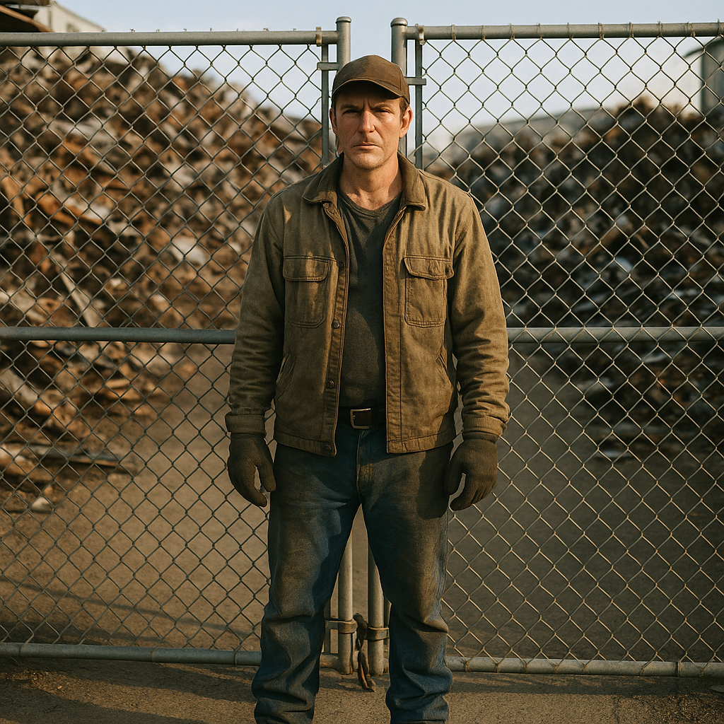 A determined scrap metal collector facing a locked gate at an industrial lot, with reusable metal visible beyond the fence.