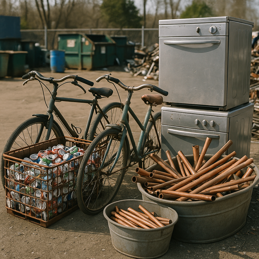 Scrap Metal Collection at Recycling Center A variety of scrap metal items including old bicycles, aluminum cans, copper pipes, and steel appliances at a recycling center under daylight.
