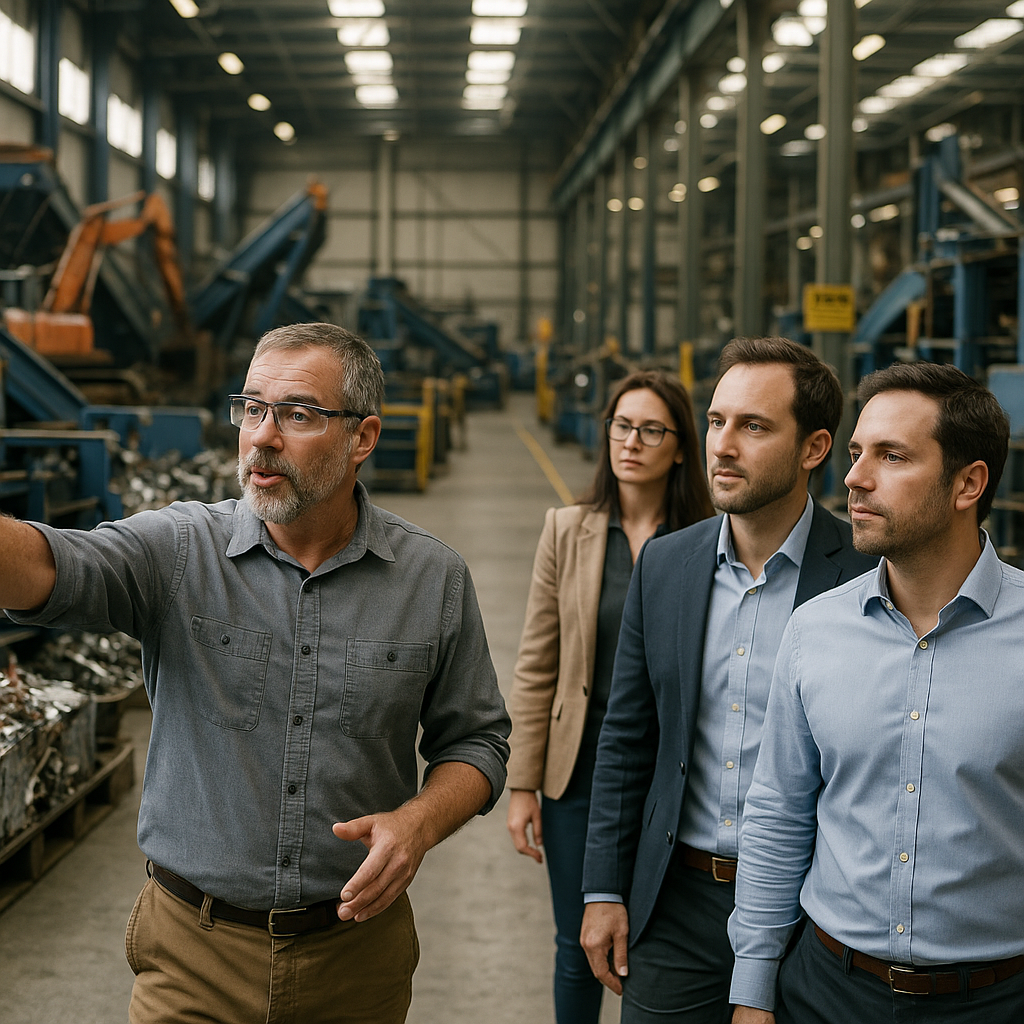 Scrap metal recycling expert showing machinery to clients during a facility tour in a bright environment.