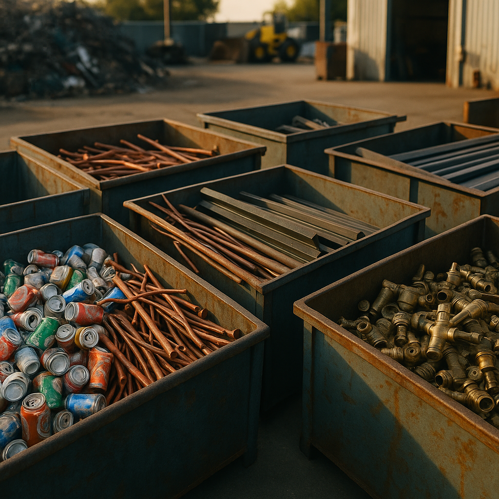 A variety of scrap metal items, including aluminum cans, copper pipes, steel beams, and brass fixtures, sorted in bins at a recycling facility under realistic lighting.