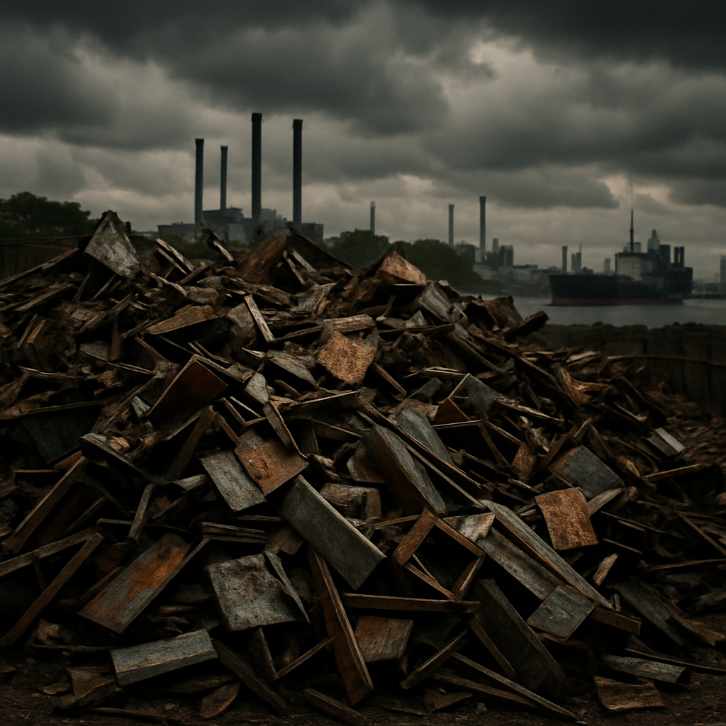 A pile of assorted scrap metal pieces in a salvage yard under a stormy sky, with city factories and freight ships in the background.