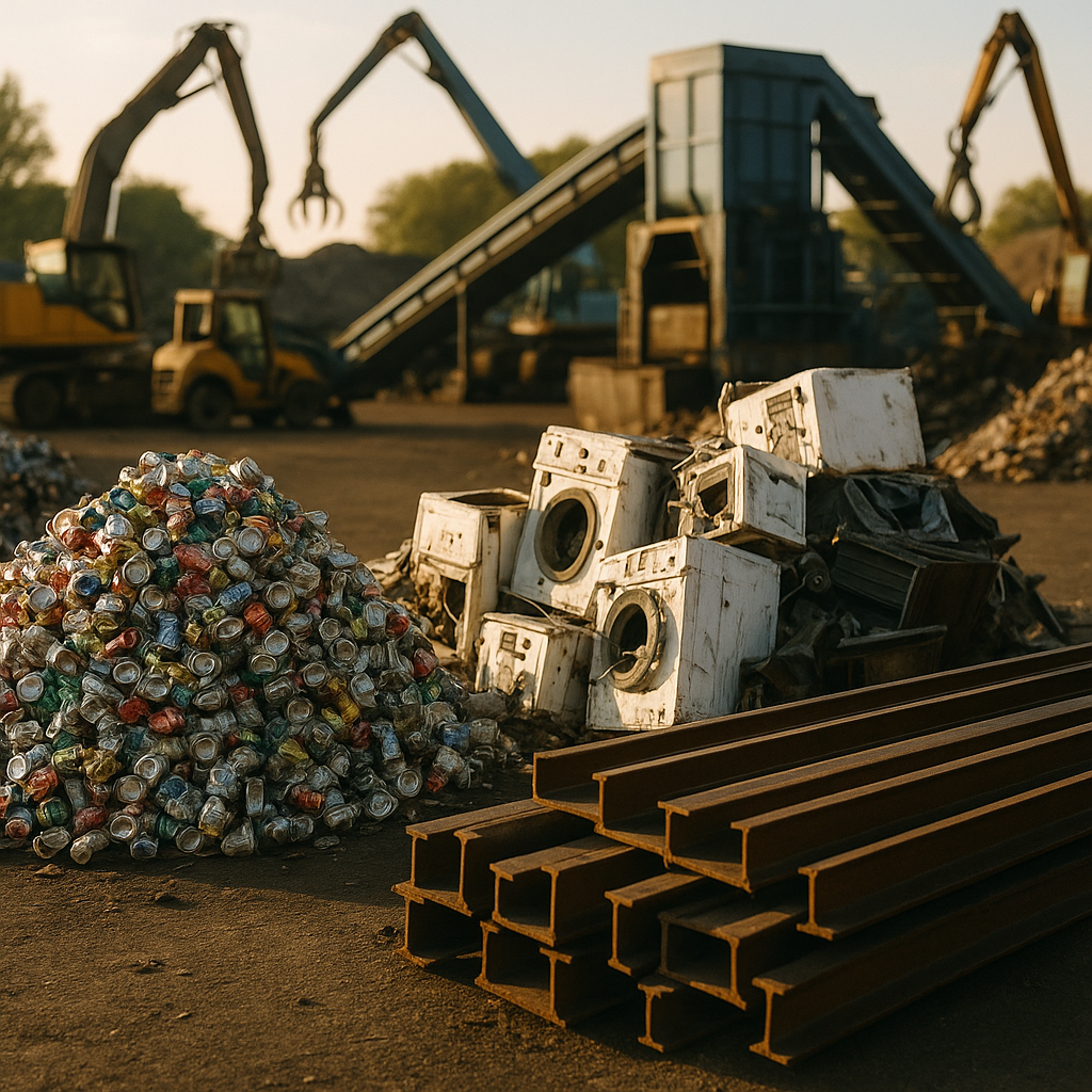Scrap metal yard with sorted piles including aluminum cans, old appliances, and steel beams, reflecting sunlight in an industrial setting with recycling machinery.