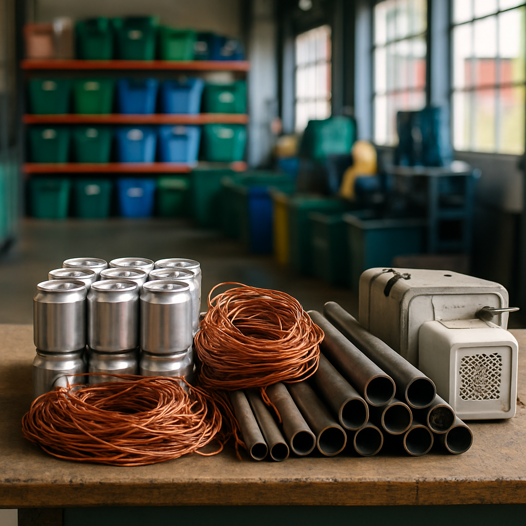Sorted Scrap Metals in Recycling Center A variety of sorted scrap metals including aluminum cans, copper wires, steel pipes, and old appliances on a table in a recycling center.