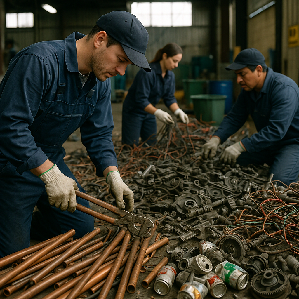 Sorting Scrap Metals in a Recycling Facility Workers organizing a variety of scrap metals including copper pipes, aluminum cans, and car parts at a recycling facility.
