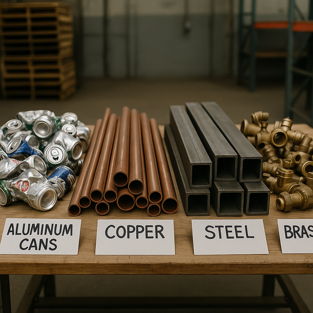 Variety of Scrap Metals Arranged on Table A variety of scrap metals including aluminum cans, copper pipes, steel beams, and brass fixtures arranged on a warehouse table with clear labeling.