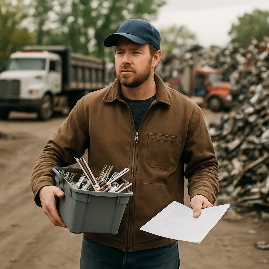 Individual standing at the entrance of a busy scrap yard, holding bins of sorted metal and paperwork with trucks and piles of metal in the background.