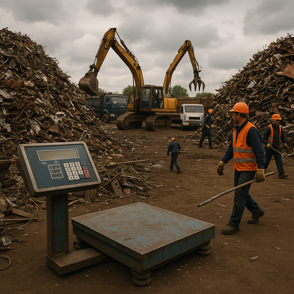 Scrapyard Market Activity Scrapyard scene with large piles of assorted metals, industrial scales in the foreground, and workers moving trucks under a cloudy sky.
