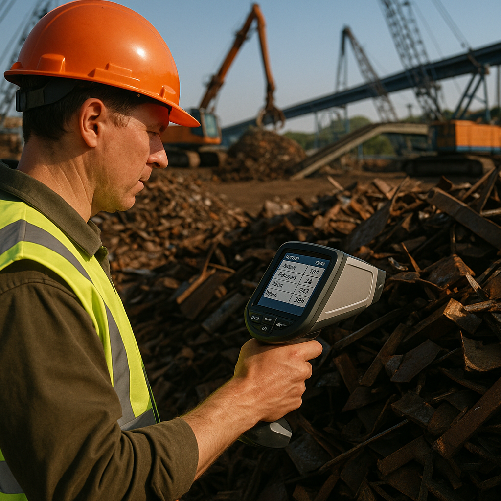 Scrapyard Worker Assessing Metal Scrap Scrapyard worker using handheld scanner to assess metal scrap piles with digital screen showing metal prices and modern machinery in background