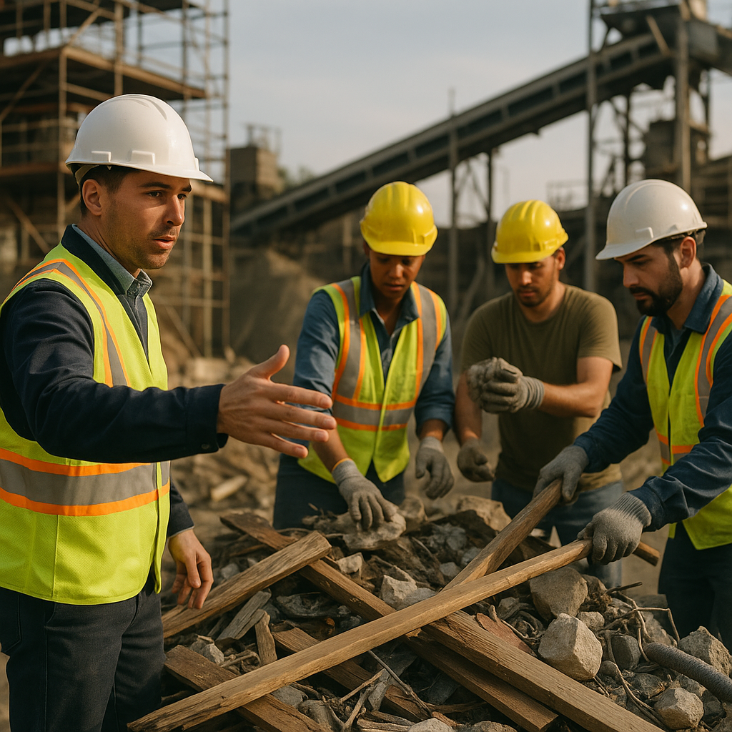 Site Supervisor Guiding Team in Debris Sorting Site supervisor instructing a team while sorting mixed debris, highlighting the need for careful handling of complex materials in an industrial setting.