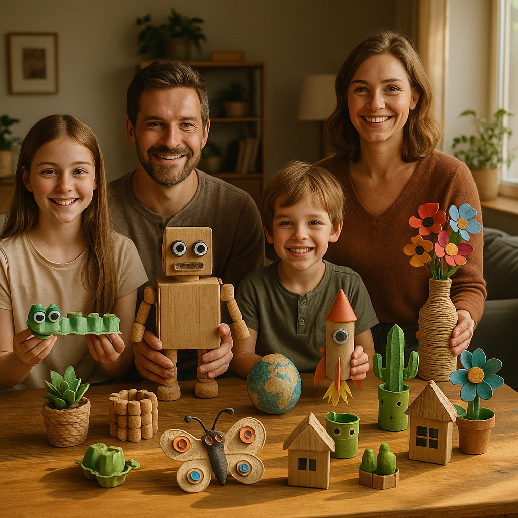 Family Celebrating with Handmade Recycled Crafts Smiling family showing handmade recycled crafts at a decorated table