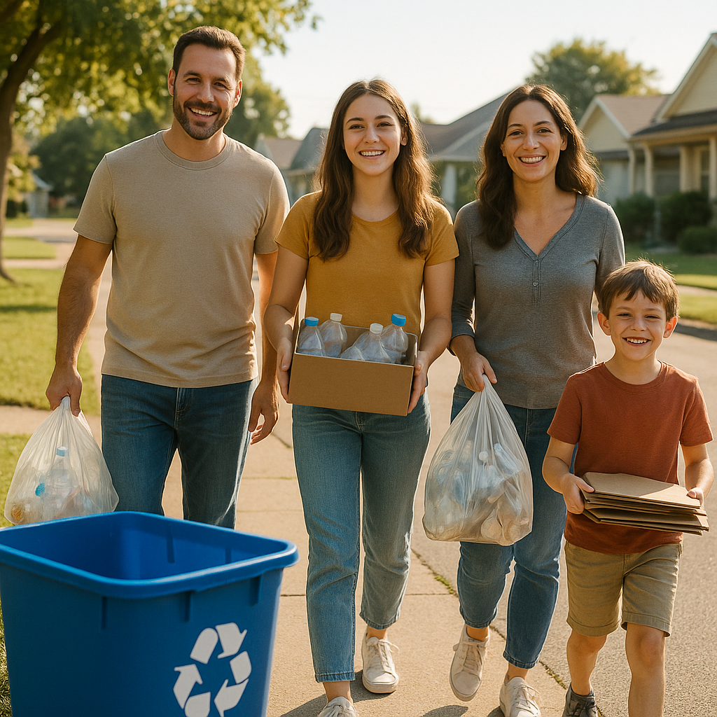 Family Recycling Accomplishment A smiling family taking out sorted recycling to a curbside bin in a sunlit suburban neighborhood, showcasing a sense of accomplishment.
