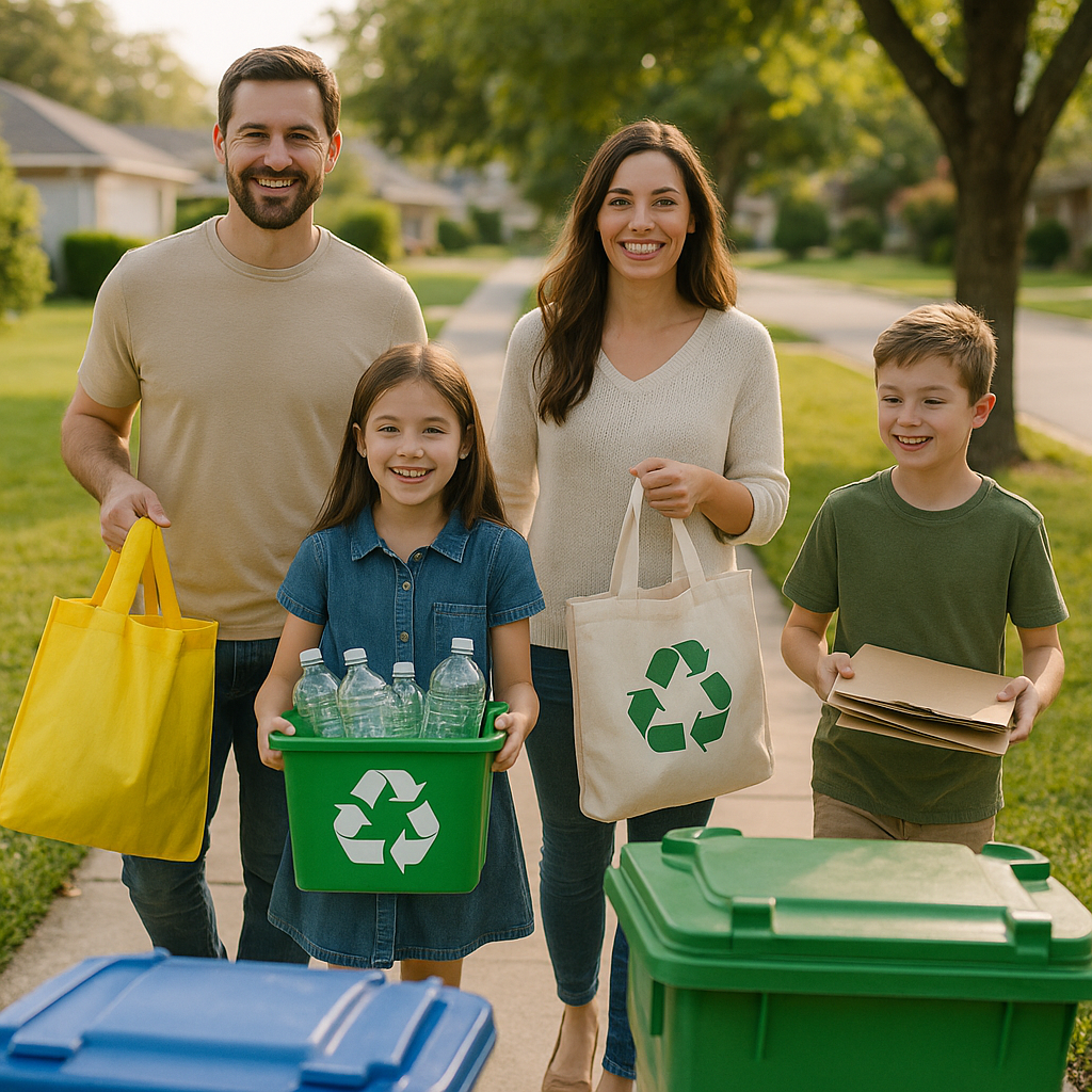 Family Engaged in Recycling Smiling family carrying reusable bags and sorted recyclables to curbside bins in a green yard.